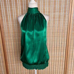 Y2K inspired emerald green satin bubble halter top with ruched bottom